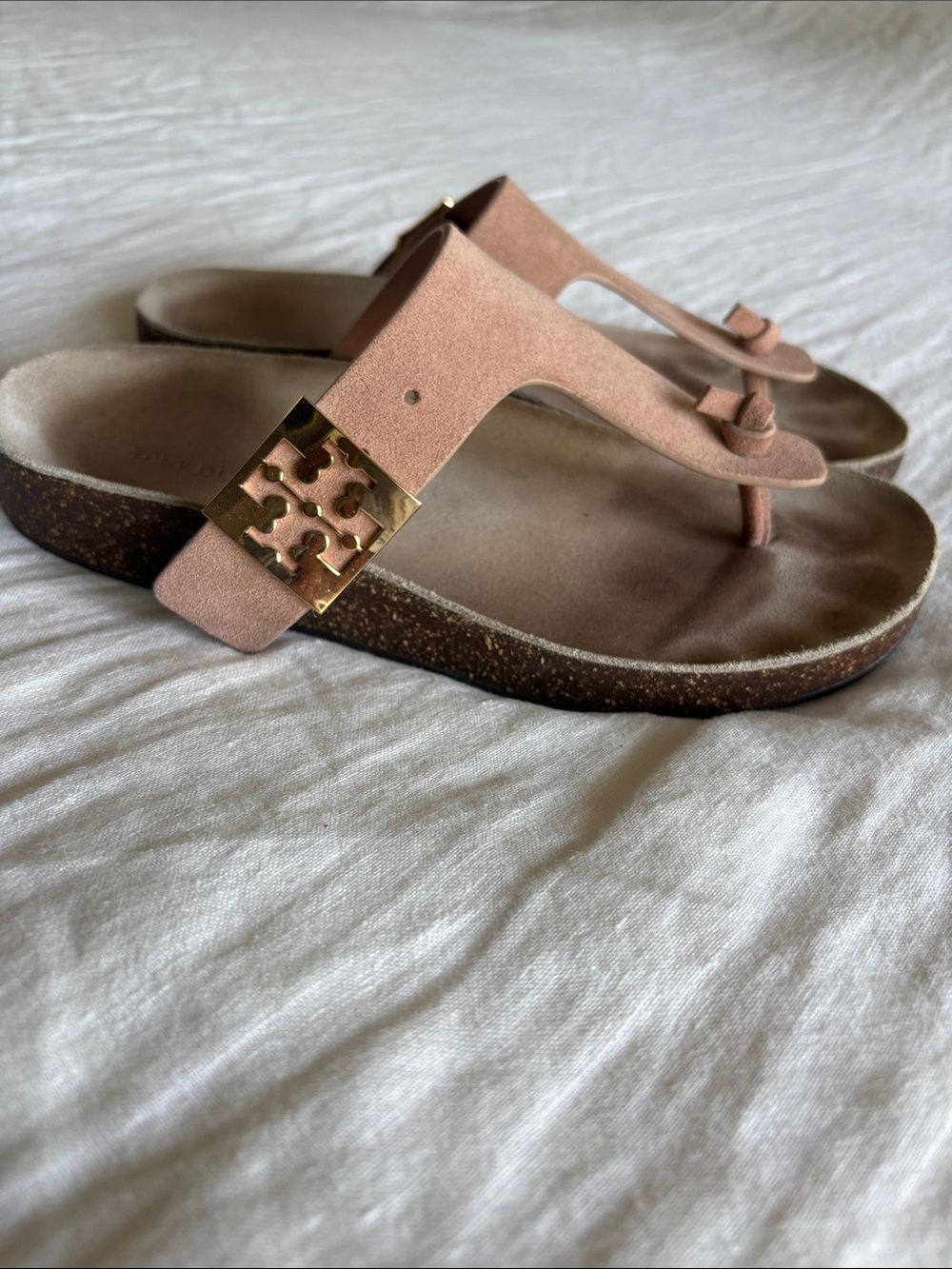 Tory Burch Pink Suede T-Strap Sandals with Gold Logo